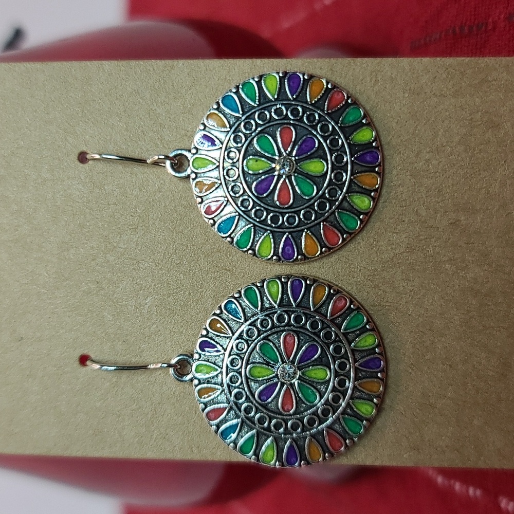 Cloisonne themed round EARRINGS metal dangle NWT pierced w rhinestone center